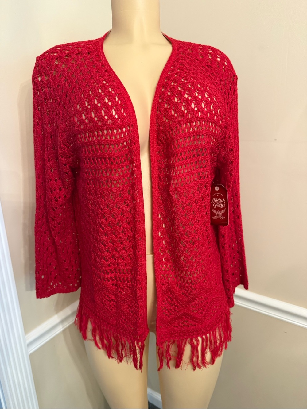 Faded Glory Red Open-Front Crochet Fringe Cardigan NWT